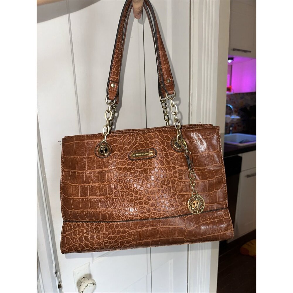 Anne Klein Faux Crocodile Brown Purse Handbag Chain Giraffe Block Safari Lining